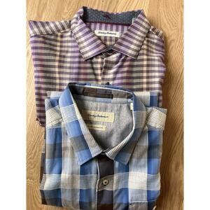 Bundle of 2 Tommy Bahama Mens Sz L Plaid Button Down Shirt Silk Cotton Blue Gray